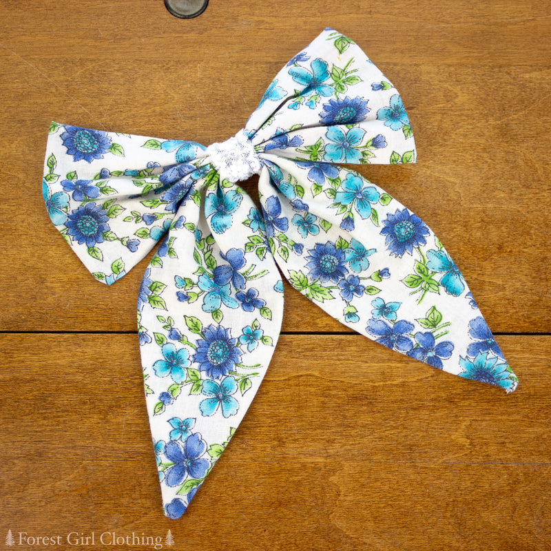 Blue Floral Fabric Bows