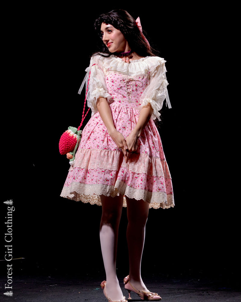pink dress with strawberries V-Neck Short Sleeve Women'S High Waist Strawberry Dress M