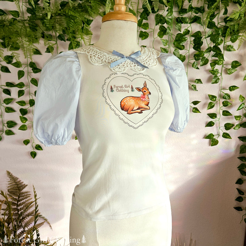 Blue & White Deer Heart Top