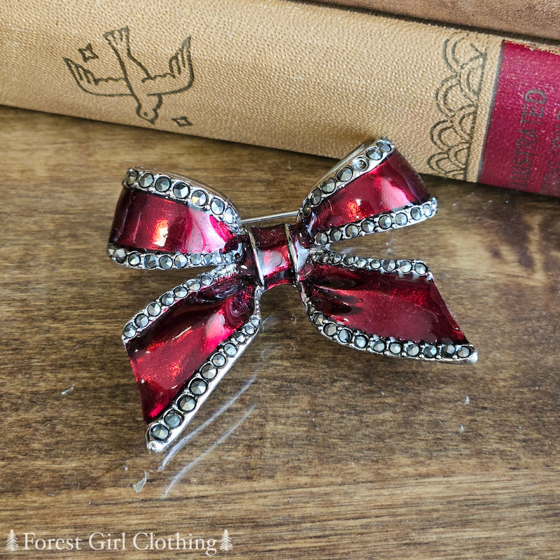 Red & Silver Bow Brooch (Vintage)