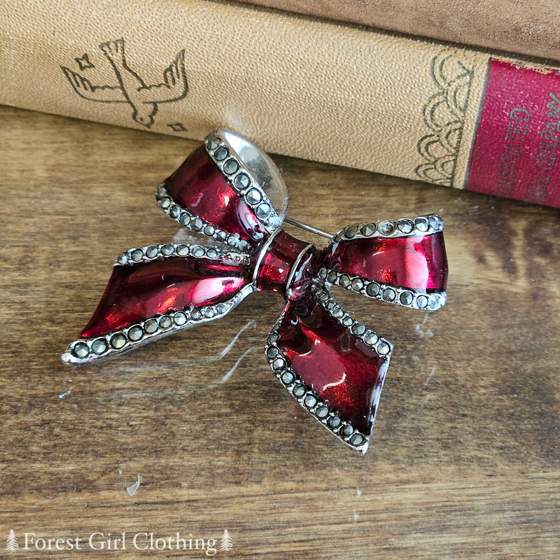Red & Silver Bow Brooch (Vintage)