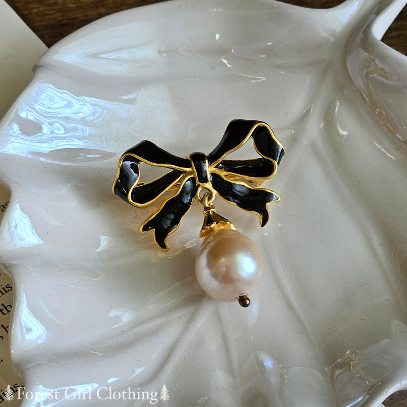 Enameled Bow Pearl Pin (Vintage)